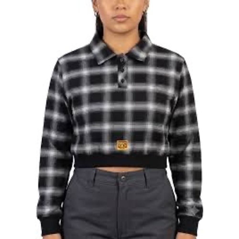 County FB Girl Black Grey Plaid Cropped Flannel Long Sleeve Polo Shirt Size M